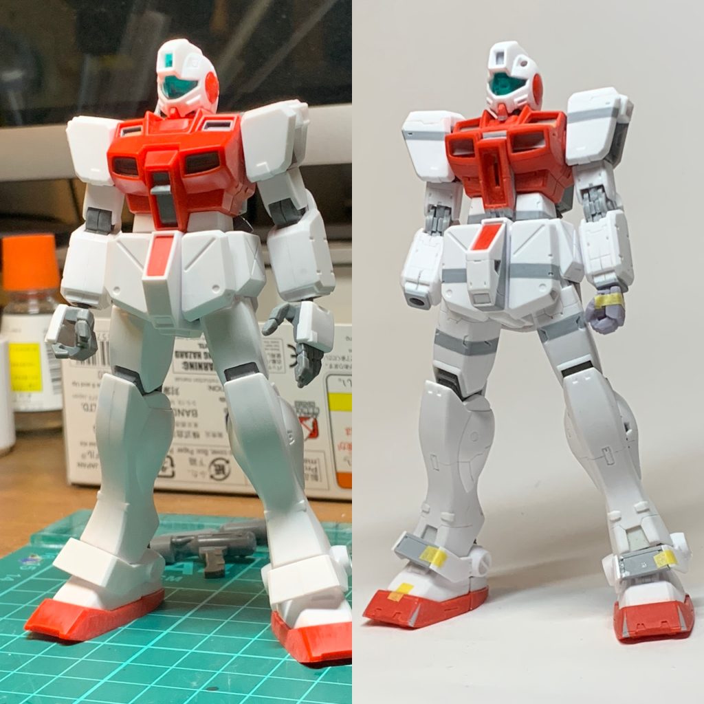ビフォーアフターです。MGのプロポーションを参考にしています。胸部は写真が残ってたので別枠で解説します。・肩は上下に延長。内部も使ってます。・腕は全体的に細くしています。・ヒジ関節は作り直しました。ついでに半球状の装甲も独立して稼働できるように調整。・腰の前後の装甲は上下に延長。内部構造も制作。左右は短縮。・太ももも延長。・分かりにくいですが、スネは直線的だったので上部と中腹は削りこんでクビレを出しました。・アンクルガードは小型化。・つま先は短縮してます。