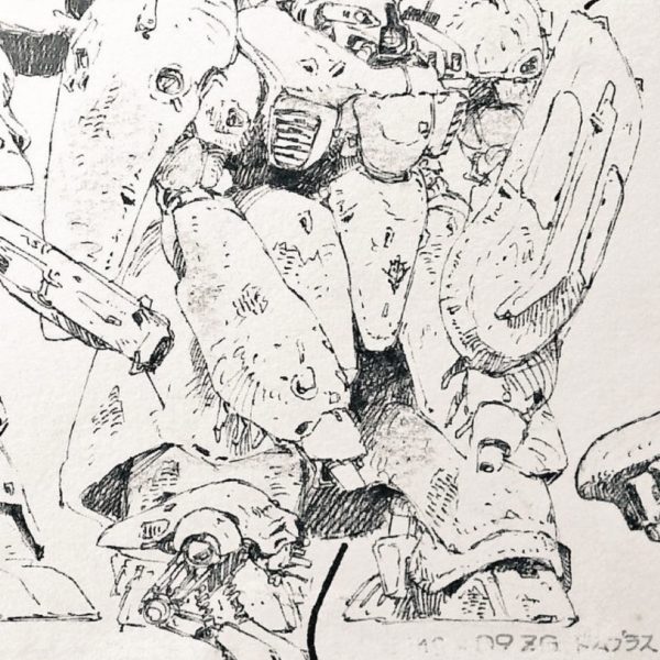 足の細かいディテールを付け加えてみました。踵に当たる部分には、マラサイの後頭部のひさし部分の様な雰囲気で仕上げ、くるぶし辺りはダクトっぽい造形を足しました。その他、足裏については設定画も作品例もないのですが、それっぽい凹凸とドム系に共通してみられるホバーっぽい造形で仕上げてあります。元絵に似せた雰囲気仕上げwではありますが、まずまずといった所でしょうか？ポリパテとプラ板で作った正真正銘フルスクラッチです🌟（2枚目）