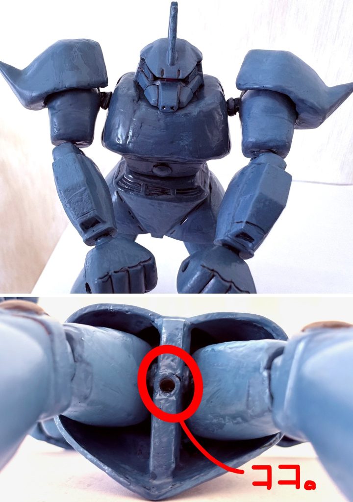 肩アーマーも胴体から分離してボールジョイントで肩にくっつけて可動化した。なので肩アーマーがHGUCのようにパカパカ動く事は無く、安定している。股間には直径3mmのジョイントキャッチャーを使い、スタンドを付けられるようにした(zaku-kao2)&nbsp;