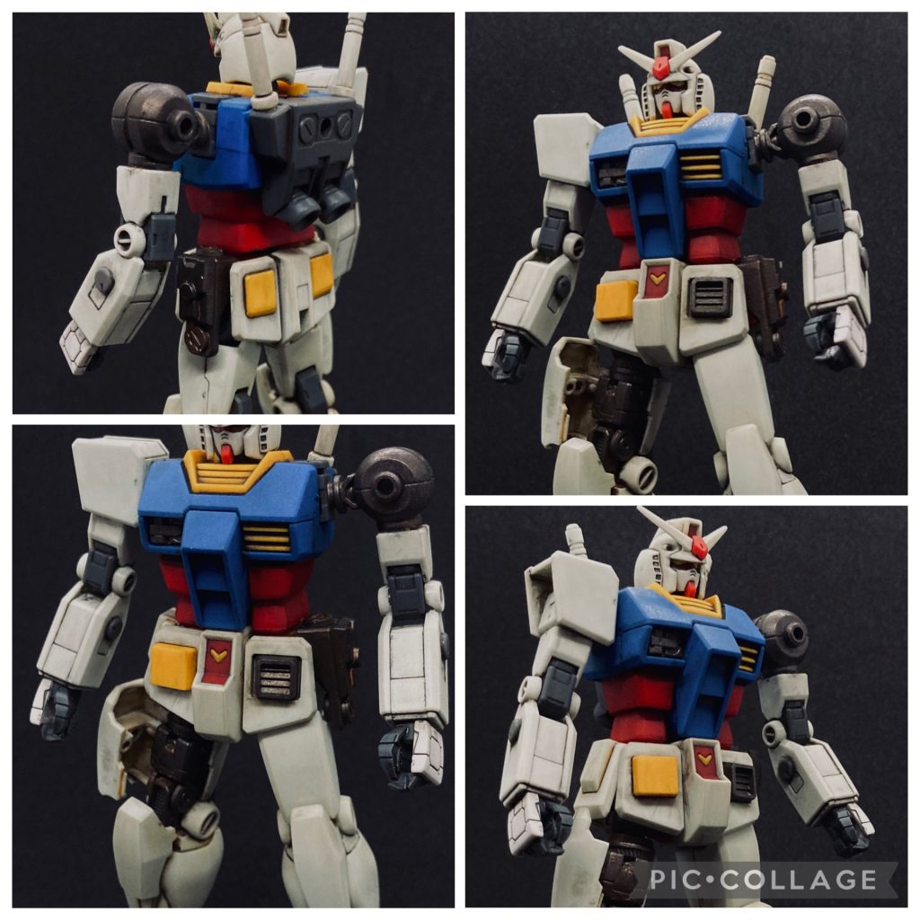 EGのガンダムを改造、ジャンクパーツやディテールアップパーツで内部の機械を再現しました。内部パーツは焼鉄色、それ以外は成型色。墨入れ、汚し、艶消しスプレーしてます。