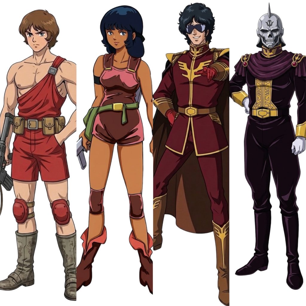 妄想ザ⭐︎アニメージパート2のキャラデザインです。左からリョウ・シサム、ケイ・モウル、逆襲のベン・レイコック総帥、新たに追加したキャラ、総帥補佐の鋼仮面です。もう世界観めちゃくちゃですね。