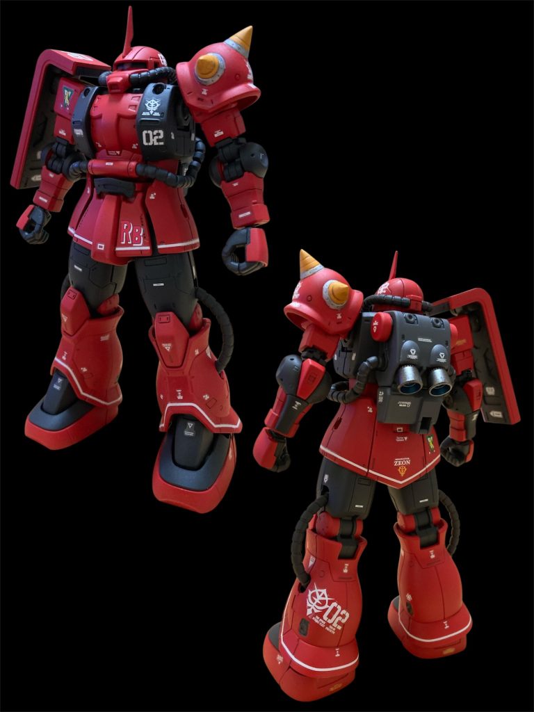 まずは武器無し。GUNSTAにアップされている沢山のジョニー専用機を参考にしました。ジョニー専用ゲルググで採用されている太腿が黒いカラーにしました。赤はハーマンレッド、黒はいつも間接などに使う調色しているサフです（手抜き）。デカールはいつもよりも更に貼りまくって、少しやり過ぎ感ありますが結構気に入っています。