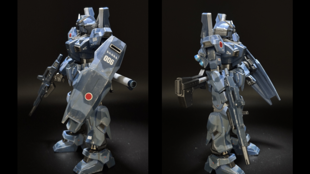側面です。デカールは控えめにしています。（デカール貼るのがめんど…(zaku-kao4)）迷彩をメインにしたかったので（キリッ✨）006というナンバーは余っていたデカールでテキトーに選びました。シールドの日の丸マスキングちょっとズレてた…悔しい。