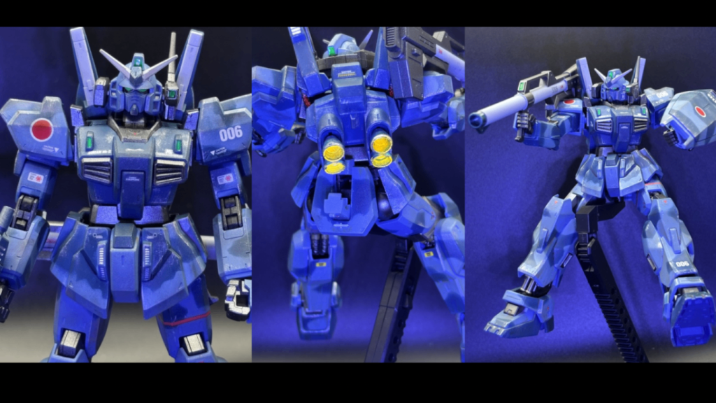 カメラアイ、各種センサー部分はブラックライトで光るようにガイアカラーの蛍光グリーンを、バーニア内部は蛍光オレンジを塗りました。…バーニアきったねぇ(gundam-kao9)こういう小さいパーツのエアブラシ塗装はまだまだ勉強中です。センサーの狭い部分はつまようじを使いました。