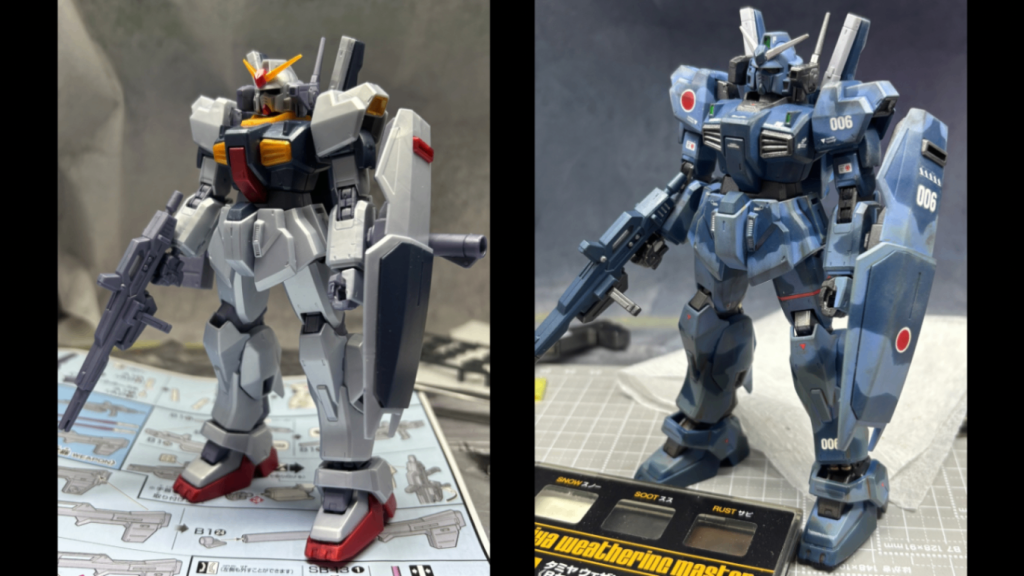 ビフォー（左）&アフター（右）迷彩カラーリング後にウェザリングしました。リアルタッチマーカーのオレンジとウェザリングマスターBを使っています。また、ドライブラシもタミヤのクロムシルバーでかけています。控えめにウェザリングかけましたが、やはりやり出すと止まりませんね(zaku-kao4)