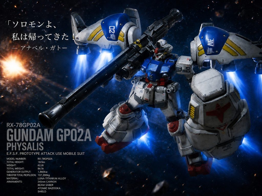 「機動戦士ガンダム0083 STARDUST MEMORY」より、ジオン軍残党勢力「デラーズ・フリート」の一員で、「ソロモンの悪夢」の異名を持つジオンのエースパイロット、アナベル・ガトーの駆る「ガンダム試作2号機（サイサリス）」を製作しました。私の大好きなモビルスーツのなかのひとつ、ガンダム試作2号機、ようやく入手することができました(;´д｀)また、パイロットのアナベル・ガトーも大好きでして、キャラクター性ももちろんのこと、何よりCVを担当されている大塚明夫氏の声が堪らん…！私の中で、08小隊のノリスと合わせて、ジオン二大エースパイロットです(o^∀^o)