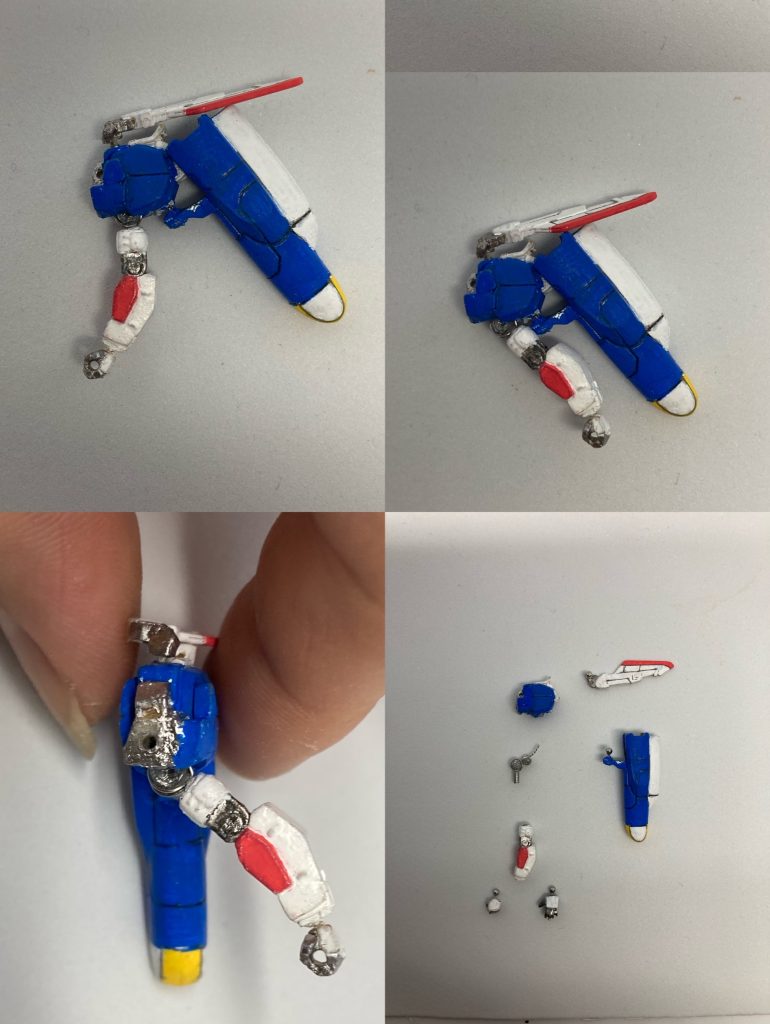 いつの間にかポロポロ落ちるようになっていたので、二の腕と肩アーマーの接続をボールジョイントから軸の二重関節に変えました。肩アーマーを回さずにある程度腕を上げることができます。