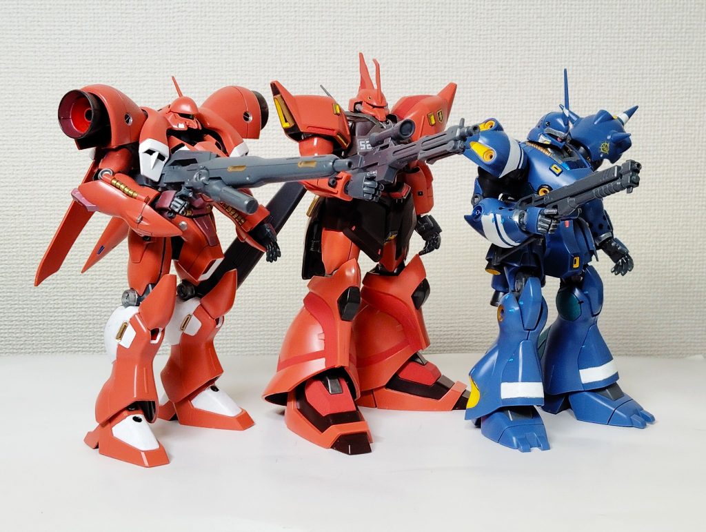 頭の小さい三人衆。ゲルググはザクより頭がデカいイメージだが、イエーガーは小さい。なぜなのか？