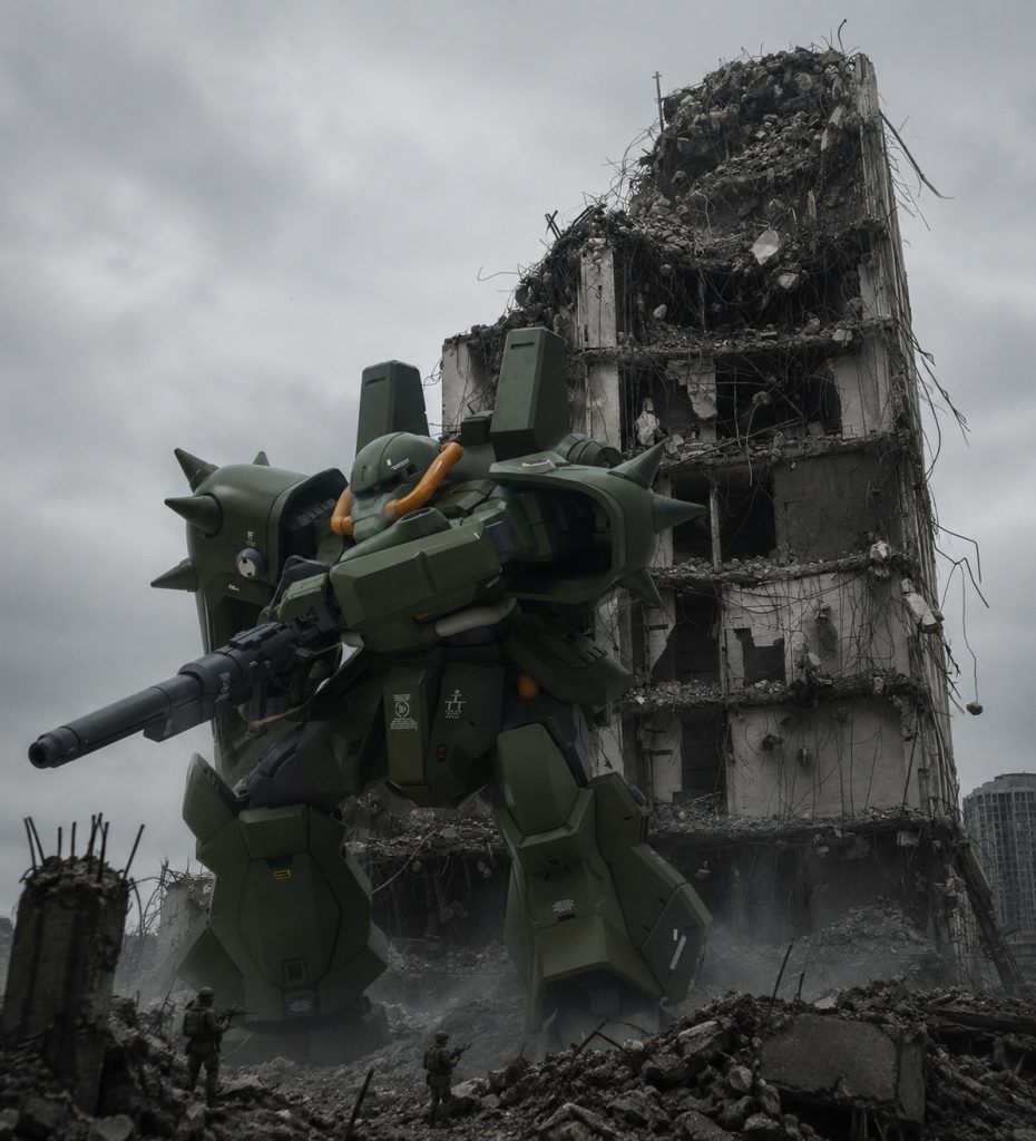 AIコラージュですがちょっと戦場ジオラマっぽい感じに、08とかもそうですが市街地ってなんかカッコいいんですよね