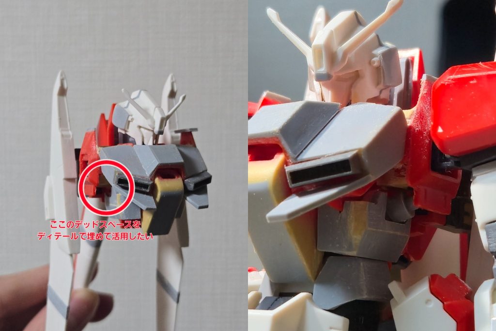 お次はあまり見えないシリンダー製作。胴体を左右に1mmずつ延長したため、腰部との隙間が目立つように。そこで、プラ棒2種を組み合わせてシリンダーを作り、ダミーながらもそれっぽいものがチラ見えするようになりました。塗装は筆塗りする必要がありますが、かなり説得力のあるディテールの1つとして成功したと自負しています。また、より情報量を出すため胸部フィンも置き換え。コトブキヤの角バーニアを加工し、このデザインに合うよう傾斜を調整しました。幅的にもデザイン的にも丁度良かったので、かなりお手軽です。