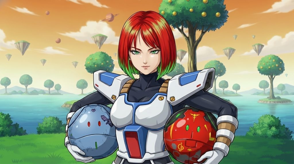 最後にボールが2つあると、世代なのか、こういうことを思い起こしてしまいます。DB風マチュさんが〇－ボンさん風の持ち方で2つのハロを抱えています。服装は…最初はそのものを描いてくれましたが、さすがにまずそうだったので、ガンダム風テイストで描き直して、とお願いして着地したのがこの画像です。ちょっとガンプラから離れすぎ…でしょうか。(zaku-kao10)