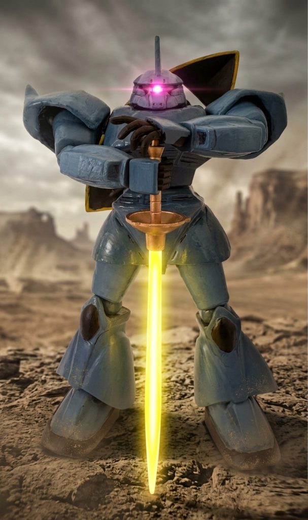 ギャンのビームサーベルを持ち、荒野に佇むゲルググ(gundam-kao3)