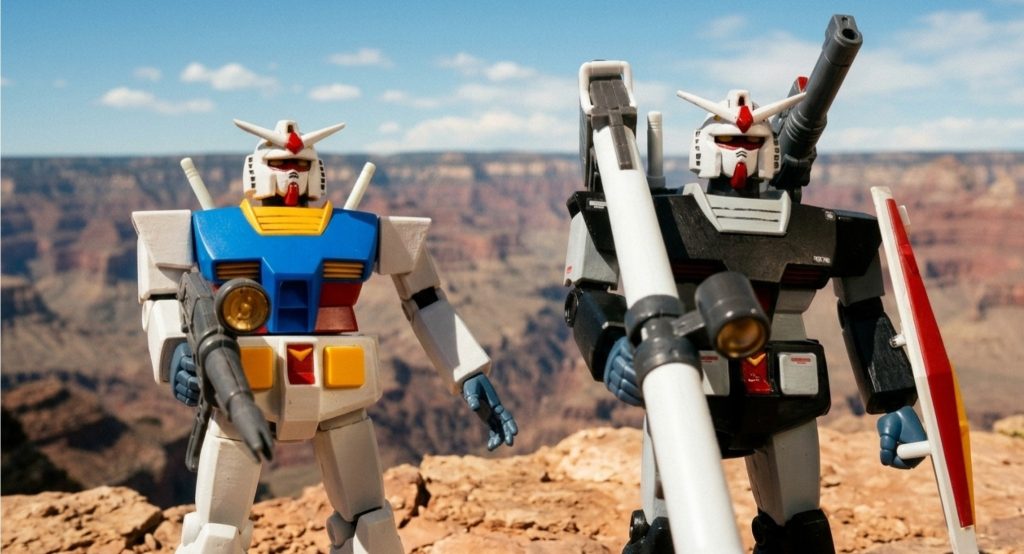 まずはグレートキャニオン（グランドキャニオン）を背景にしたカット。時系列的にはガルマ編あたりで、2機のガンダムがガルマ率いるドップやマゼラアタックの部隊を蹴散らしながらホワイトベースの航路を確保するシーン。地上はタカ（プロトタイプガンダム）、空中戦はユージ（ノーマルガンダム）が居並ぶ敵を次々に撃破していく。と言う感じで。