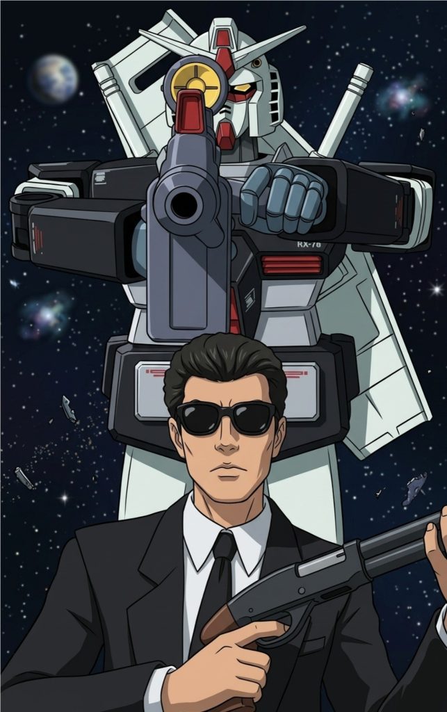 ここからはアニメのキービジュアル風カットが続く。プロトタイプガンダムとタカ。改めて見るとメンインブラックみたいだな(zaku-kao6)