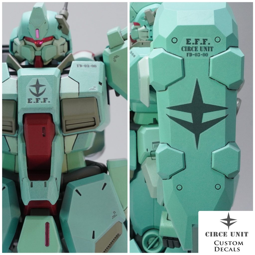 地球連邦軍・キルケー部隊・型式番号は自作デカールで再現しました。　上手く出来たと思ったのですが、つや消しをコーティングした後に貼った部分が白濁化してしまいました…。　こんな事は初めてなのですがペール系のカラーが関係しているのかもしれません？