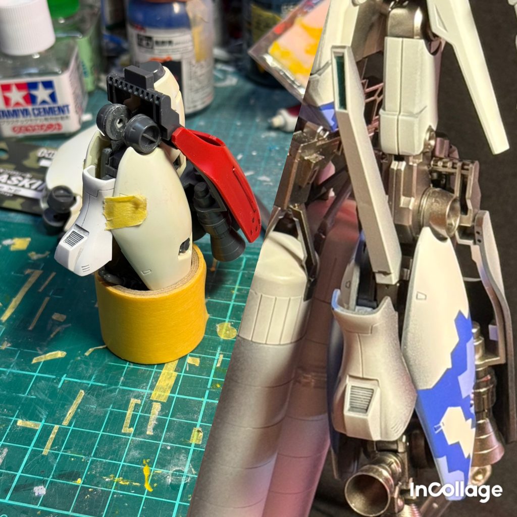 足は推進力の高そうな物をフリマサイトで買い集めたジャンクの中から選定しました。ベースはMGフルバーニアンでREナイチンゲールの肩バーニアを引っ掛けるように被せてます。膝の突起はシルヴァバレドからとりました。まだ貼りたい画像がありましたが枚数制限でここまでになります。ご覧頂きありがとうございました🙇‍♂️