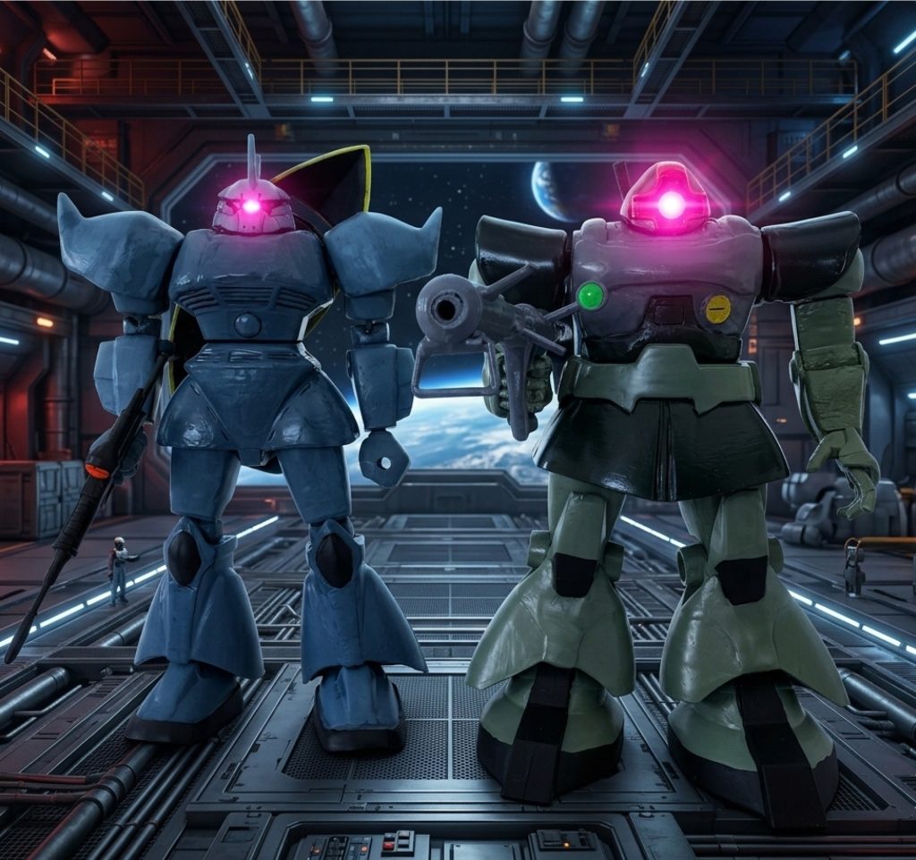 ドムとのMAV2枚目(zaku-kao2)こちらはガンプラブーム当時の雑誌に載ってそうな基地のジオラマをイメージ。