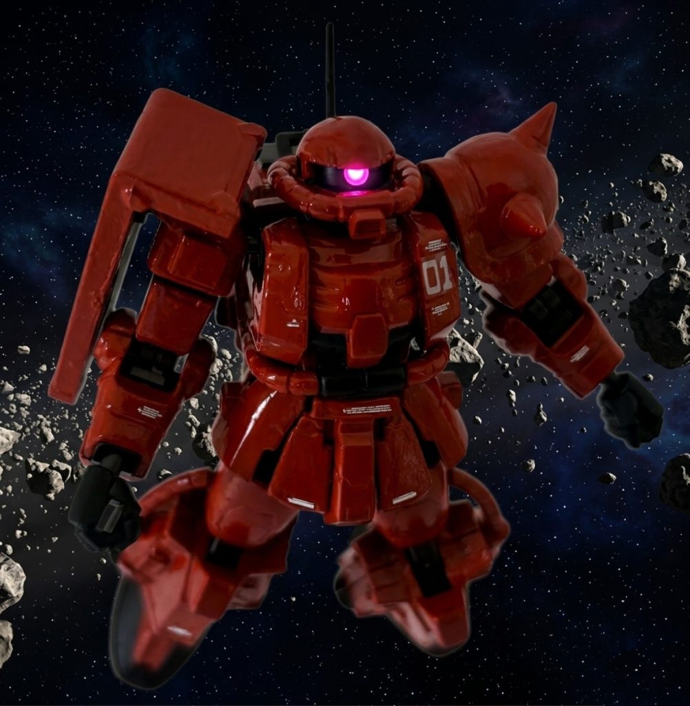 機体紹介。型式番号はMS-06RP。パイロットは &nbsp;&nbsp;&nbsp;エリオット・レム。試製高機動型ザクIIなどとも呼ばれ、宇宙での戦力強化対策の一環としてR型の開発を始めた。緒戦でのデータにより、ザクII F型の汎用性がモビルスーツの性能を妨げていると判断され、宇宙戦用や地上戦用など局地戦に特化した機種が必要となったのである。そのため、ジオン公国参謀本部は、F型の宇宙戦用汎用型後継機種として、一般汎用機に位置づけられるF-2型とは別ラインで、高機動汎用機となるR型を開発することにした。開発は月面のグラナダ基地で行われ、ジオニック社のエリオット・レム中佐による高機動飛行テスト、マニュアルプレート操作時の機体保持テストなど2週間のテスト後、両機とも良好な結果に終わったため、即時に量産が開始された。これが後にR-1、R-2型の開発につながる重要な機体である。