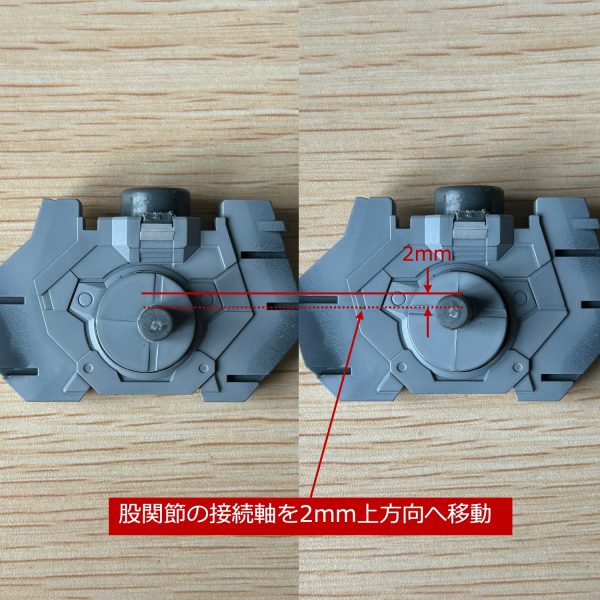 脚長解消のための加工（胴体との接続部延長、股関節接続位置変更）と追加スジ彫り、また量産型のみのディテールをプラ版から自作してつけました。（5枚目）