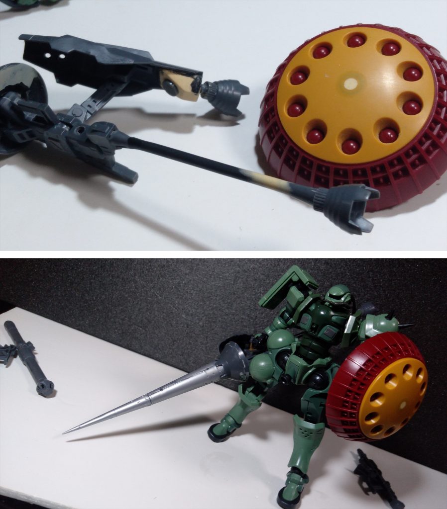 たまたま持ってたコトブキヤのランスがでかくていいサイズだったので、これをGQギャンのハクジに見立てるぞ！と開封。ブースター成分が足りないので、パテやランナー棒使って色々追加。ついでにビルダーズパーツ？の無印ギャン盾を２～３枚持っていたのでやっつけで持たせる。盾がでかくてサイズ感が合わないのは、たぶんオリジナルギャンのが機体がデカいんですかね。（ギャン未組立）&nbsp;そんなこんなでスジボリや穴空けやらしながら、塗装。&nbsp;