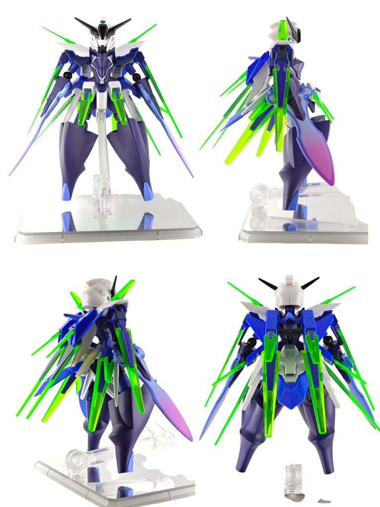本体はポケプラのソウブレイズをベースに、肩をHGのガンダムAGE-FXに交換、またAGE-FXのバックパックと腰部アーマーを上から装着しました。頭部はちょうどいい大きさだったモビリティジョイントのガンダムキャリバーンを使用しています。