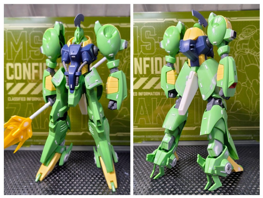 改造箇所は頭部は、アンテナ部分にヒートホークを加工した物を付けました。肩は、向きを逆にして色々カットして市販パーツで埋めました。動力パイプは除去。お尻のバーニアは、何かイメージと合わなかったので、プラ板でスクラッチしました。足も、サンダル風に仕上げたかったので、カットしてカットした物はもったいないので、ヒール風に付けてみました。象徴的な大型ミサイルを外し、バックパックは、逆さまに接続しました。武器は、MGガンダムのビームジャベリンの柄に、ギャンスロットルの物を付けてジャベリン風に。&nbsp;