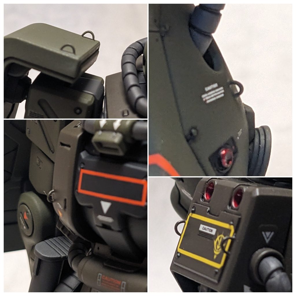 各部アップその1。ディテールアップ用パーツのフックは0.3mm真鍮線を曲げて作りました。1/144にはその細さかなと思って付けてみましたが0.5mmでも良かったかなと思ってます。ちなみに小リベットも0.3mm真鍮線刺して作ってます。