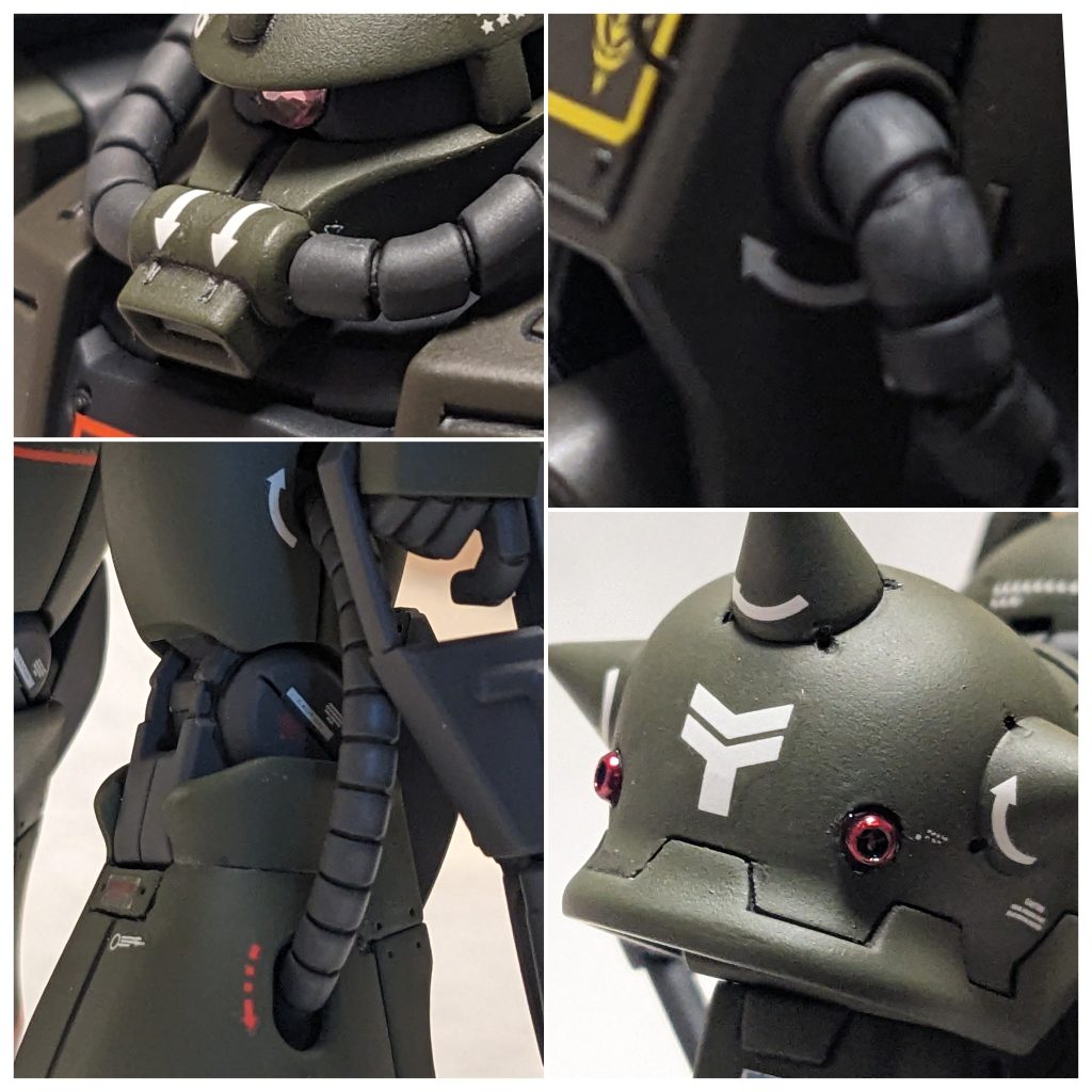 各部アップその2。リアルタイプザクと言えば特徴的なデカールですよね。今回ガンダムベース限定リヴァイブザクに付属のデカールと共にガンダムデカール付属の主に矢印を使いました。特に説明は無いのですがガンダムデカールには結構使えるデザインの物がありましたね。