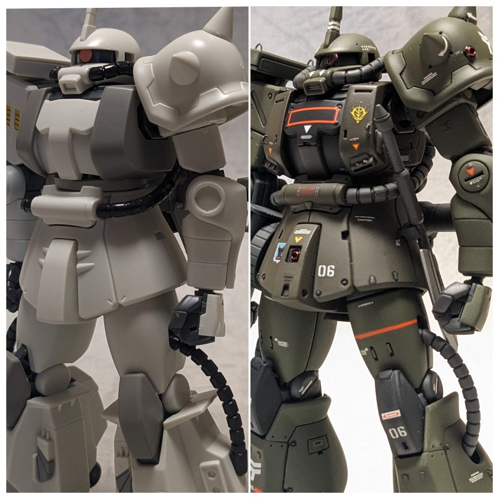高機動型ザクIIとの比較。リヴァイブザクと胴体部のデザインはあまり変わらないのですが、やはり腰部はリヴァイブザクのは好きではないのでこのキットの物がお気に入りです。また頭部はザクf2のだと少々小顔かなと思うのですが口周りの長さやダクトのサイズはボリュームがあり良いバランスだと思います。