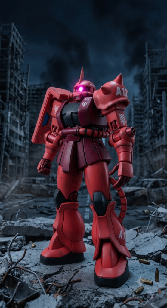 主な改修箇所としては以下の通りです。①アンテナブレードエッジ化②ガンダムマーカー、水性ペン、ウェザリングによる汚し表現③モノアイＨアイズへ変更両腕、両足の関節部にディティールアップ化④オリジナルデカール貼り付け⑤本体以外ＡＩ生成してみました。