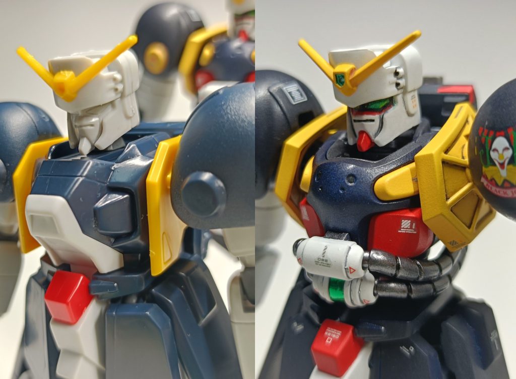 胴体部どれを流用するのかでストップしてたのですが、GQuuuuuuX放映時にザクの形状を見た時に、「肩と胴体の間にあるプレート状の構造がボルトのイメージに似ている」と気が付き、採用としました。黄色と赤、また胸部の緑のセンサー？等の配色を軍警ザクのボディに落とし込むと、結構ボルトっぽく見える事に成功しました。&nbsp;頭部ひさしの内側をプラ板で塞いだのみで、キットそのままです。