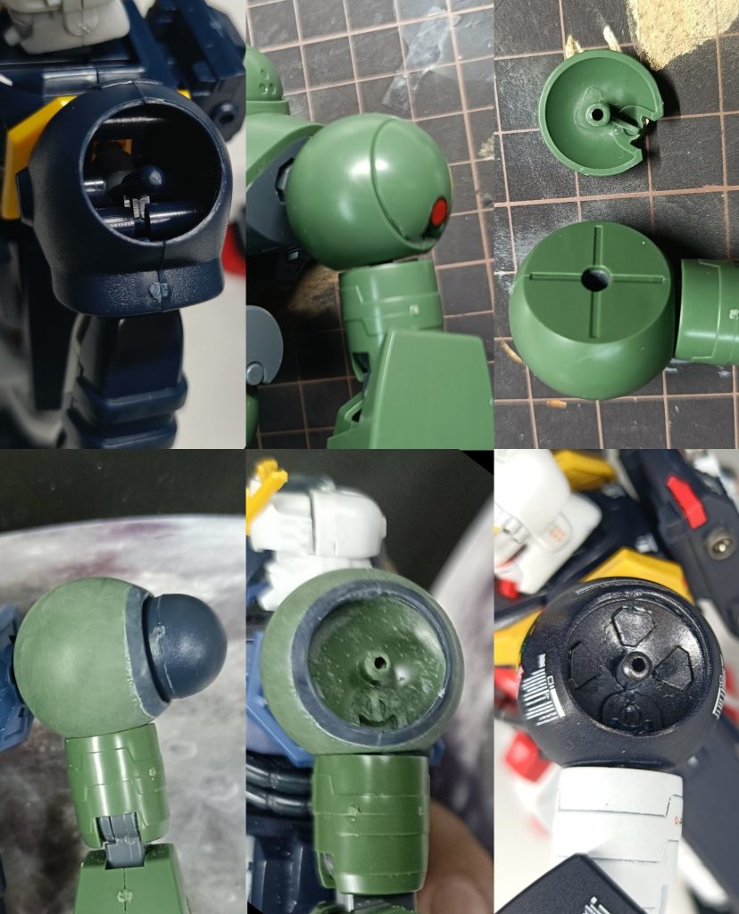 左肩ホントは左右同じ構造で作りたかったのですが、グラビトンハンマーの収納ギミックは残そうとすると、ハイモック肩に被せるにはスペースが足りず、ハイモックの肩そのものに、グラビトンハンマーを収納する事にしました。ハイモック肩の外側の丸い装甲を外し、肩側はくり抜き、装甲パーツを表裏反対向きにしてグラビトンハンマーの受けとしました。&nbsp;