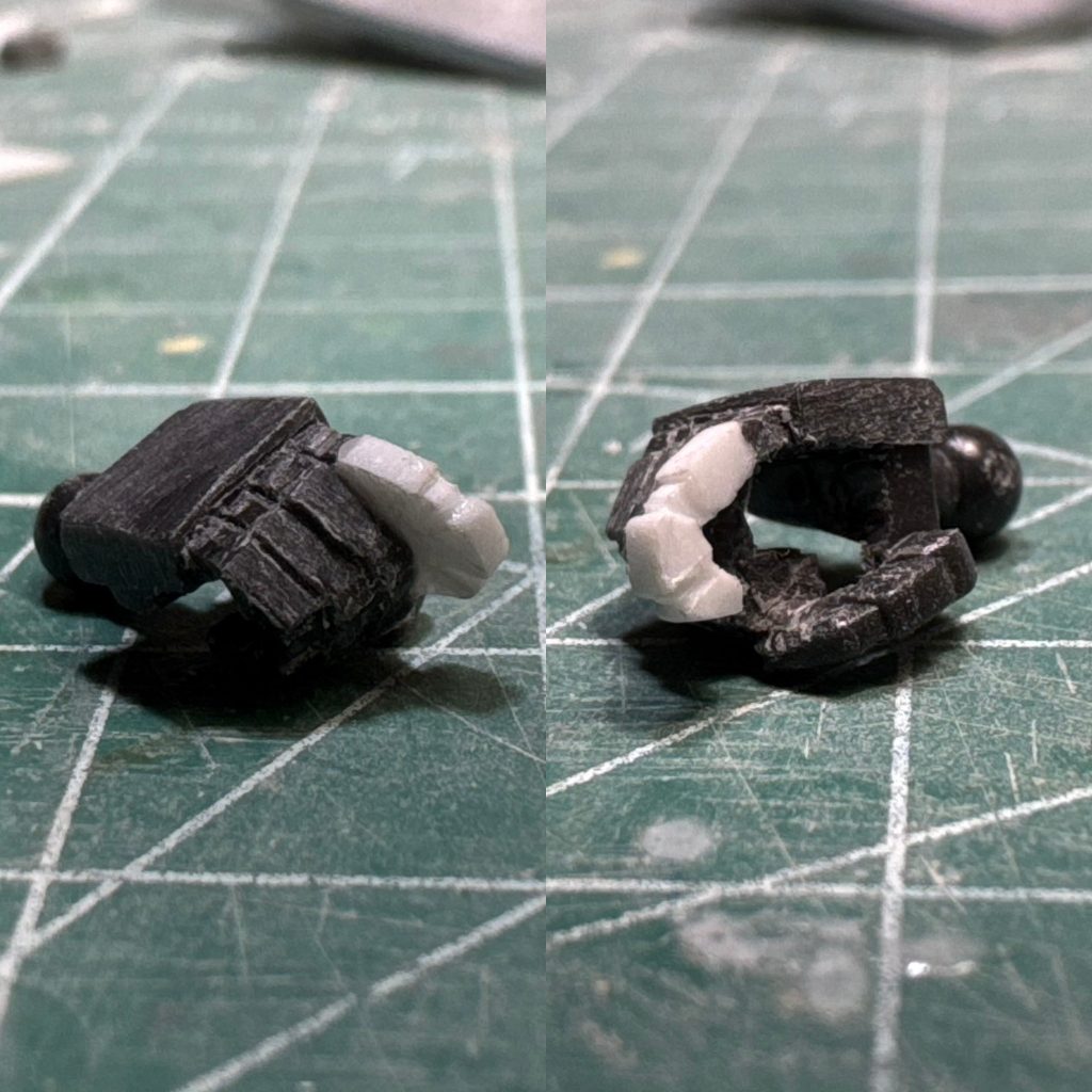 右手は人差し指を切断してプラ板で作り直し。全体を削って小型化。
