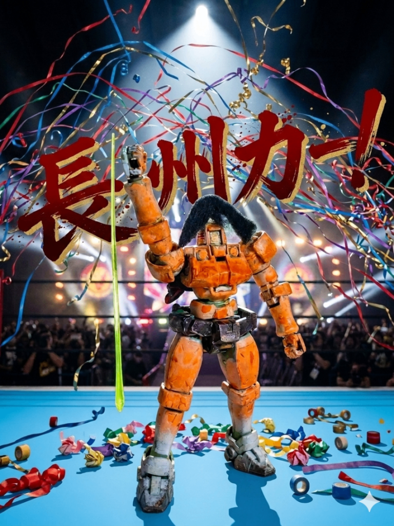 ４分21秒　勝者長州！！リキーー！！！（ケロちゃん）チャーチャー！チャチャー！パワーホールが響き渡る！！