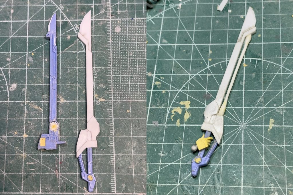 対艦刀はデザインが好みではなかったため、持ち手以外をプラ板でスクラッチ。ネオジム磁石を埋め込みエールストライカーのフレームに取り付けられるようにしました。