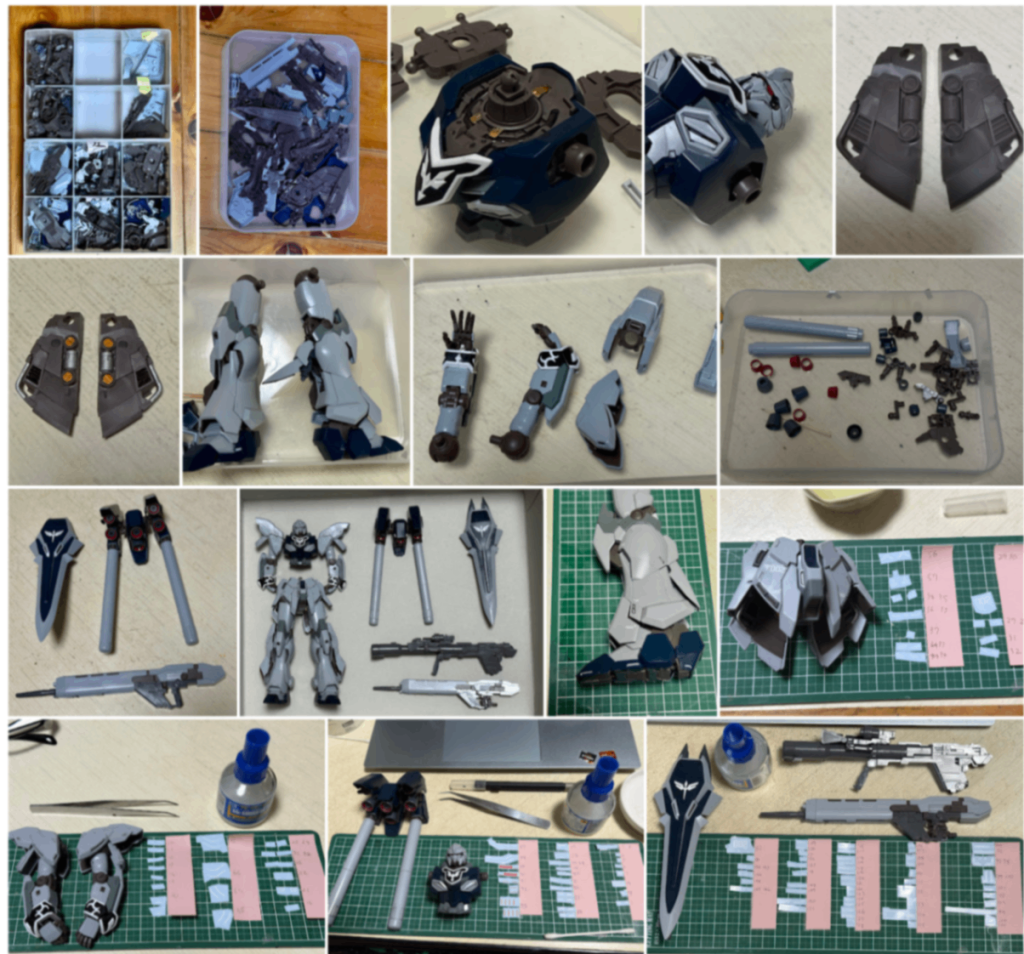 このキット、とにかくデカールが多いので、効率よく作業するために、部位ごとに両面テープに切り出したデカールを軽めに固定してから貼り付け作業を行いました。