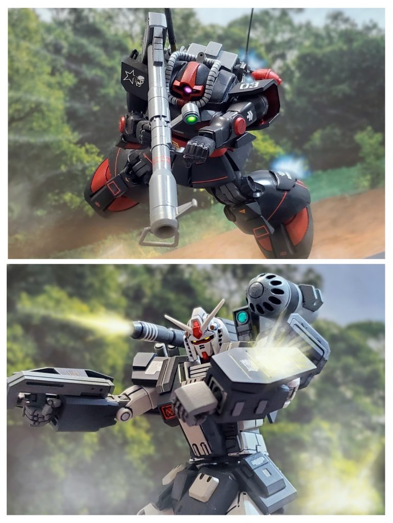 そのドム部隊のトップを取るのは、右肩に星とドクロのパーソナルエンブレムを持つ試作型ドム‼️それは『修羅の双星』の異名を持つジオンエースパイロットの１人、カート・ラズウェル中尉の機体であった。これまでも戦場で幾度も交戦し、互いに相手の存在を認識している二人…。広い戦場で再び惹かれ会うように出会ったカート・ラズウェル中尉は意を決してフルアーマーガンダムへ襲いかかる…。『この戦争…ジオンは敗北するだろう…だが‼️黒い角ツキ❗貴様だけは倒す‼️』防戦しながら、接近するドムの姿をモニターで捉えニヤリと笑みを浮かべるファレル・イーハ中尉。『チッ❗野郎、まだ生きていやがったか❗』これまでの対戦相手で唯一墜とせなかった好敵手とも言える相手。厳しい戦況の中、決着をつけられると１人高揚するファレル・イーハ中尉であった。