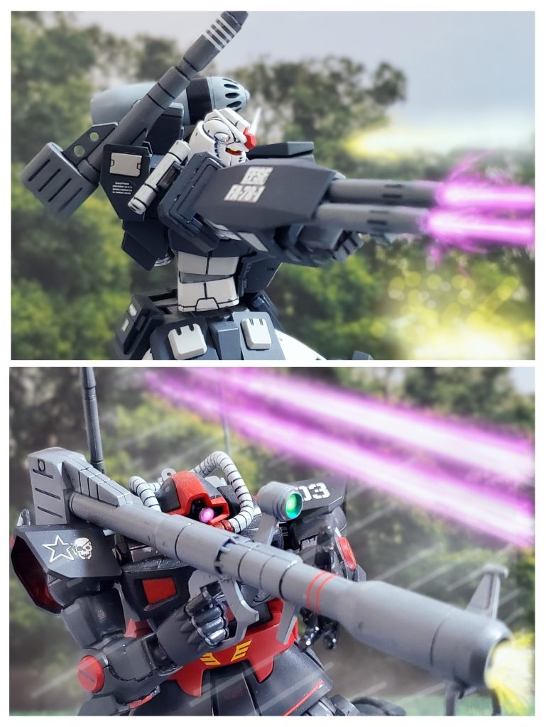 迫り来るドムに対し、ミサイルの残弾が尽きたフルアーマーガンダムは2連装ビームガンで応戦する。その火力こそ脅威だが、連射の効かないビームを回避しバズーカを放つドム‼️瞬間の運動性能に欠点のあるフルアーマーガンダムに的確に攻撃を叩き込む。