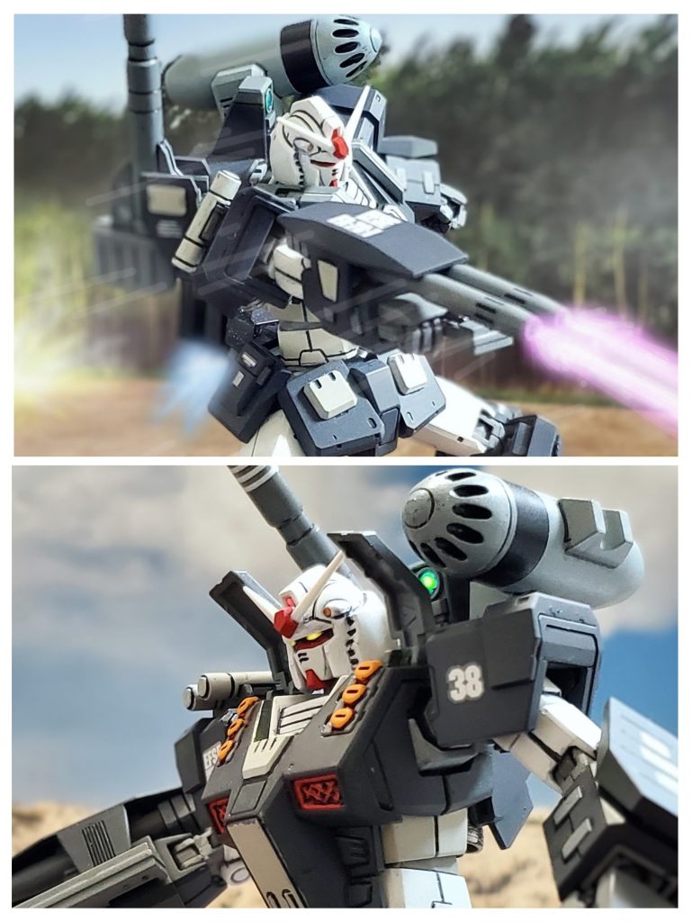 『オデッサ』陥落による資源力低下と戦力低下の余波が広がるジオン防衛ライン。それに対し連邦地上軍北米戦線部隊は各エリアで戦果を挙げ前線を押し上げる。ファレル・イーハ中尉の率いる第38MS連隊も、その活躍の一角を担っていた。フルアーマーガンダムは重装甲により驚異的な対弾性を発揮。そして数々の重武装を武器にジオンMS部隊を蹴散らす。右腕には最大火力となる2連装ビームガンを装備。連射性は低いが、その火力はビッグトレーの主砲以上の驚異となるものであった。さらに右肩には360㎜ロケット砲、左肩にはミサイルスプレーランチャー。そしてミサイルベイが肩口と膝に内臓されており、その攻撃力はMS単機で中隊１個分に匹敵するものであった。