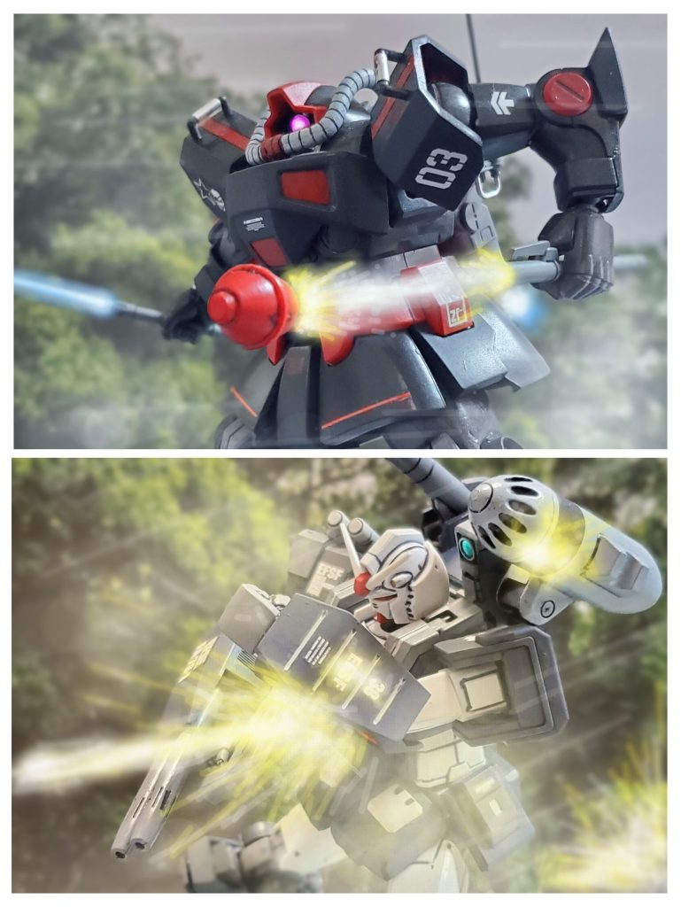 厚い重装甲を誇るフルアーマーガンダムだが、ドムの機動性とエースパイロットの猛攻の前に、次々に被弾。そしてドムは動きの止まった黒い角ツキに、トドメとばかりにシュツルム・ファウストを放つ。迫る弾頭を避けきれないと悟ったファレル・イーハ中尉は、両腕でガードしつつそれを受け止める。だが弾頭の直撃を喰らったフルアーマーガンダムは、一瞬にして爆風に包まれる…。