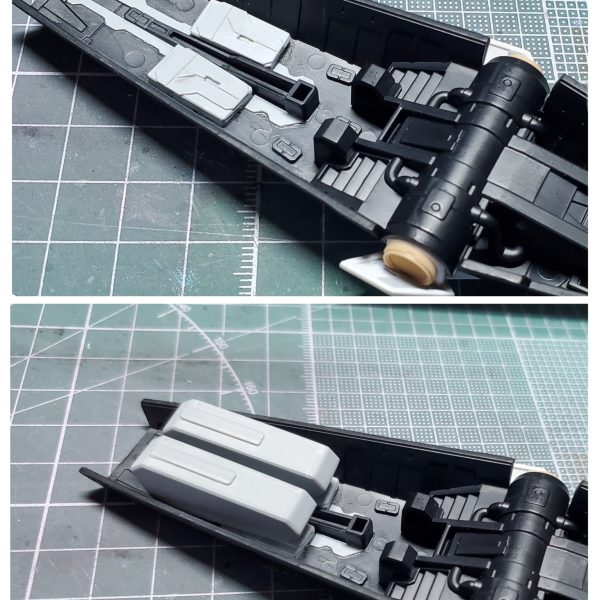 ▪︎ハイメガランチャーにエネルギーパック追加▪︎シールド裏に予備のエネルギーパック追加▪︎腰部にビームライフルをマウント追加▪︎リアアーマーをZガンダム風に変更､サイドアーマーに干渉するので形状を加工（2枚目）