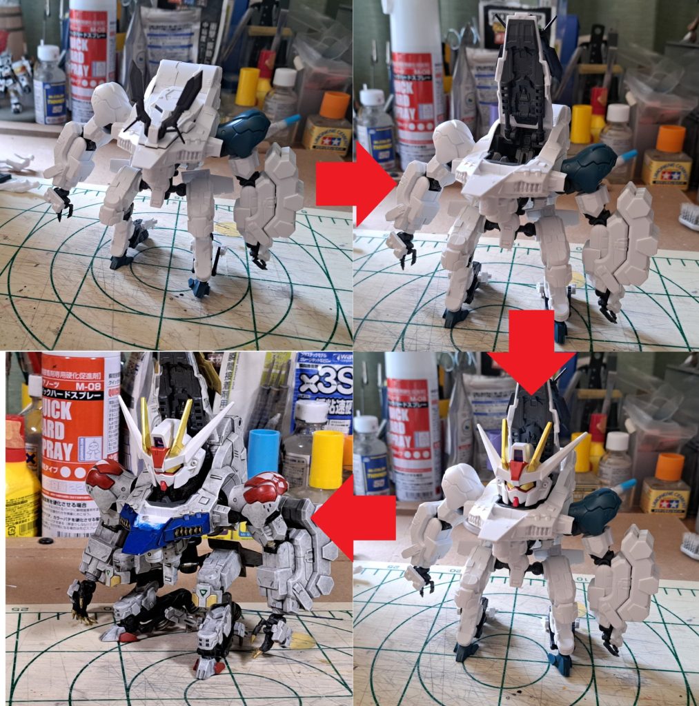 素組からのコクピットオープンのギミック付きコレを！こうして！こうだぁ～～！！申し訳程度のガンダム要素をトッピング、SDの頭だとちょっと小さいですね・・・