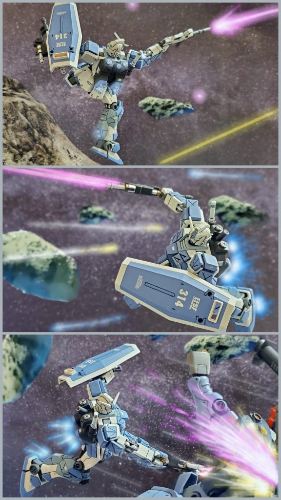 ストライカーGヘッドは空間戦闘用に合わせ、距離を問わないビームライフルと標準型のシールドを装備。これにより近接特化から汎用型として使用可能となっていた。また近接戦闘前提として開発されたが、基礎設計は汎用型。そのためオペレーションシステムの調整と宇宙用の追加バーニア増設のみで、空間戦闘仕様として運用する事が可能であった。そしてツインビームスピアはライラ中尉の『柄が長く扱いにくい』との意見により艦内でショート化。こうしてスピアはビームサーベル２本分による高出力で相手を一撃で両断、粉砕するする現地改修装備『バスターソード』としてストライカーGヘッドの最大火力を誇っていた…。また頭部はRX-78-2の活躍によりジオン軍がガンダムフェイスに強い畏怖を感じてると判断し、視覚的効果も狙いツインアイヘッドを採用していた。