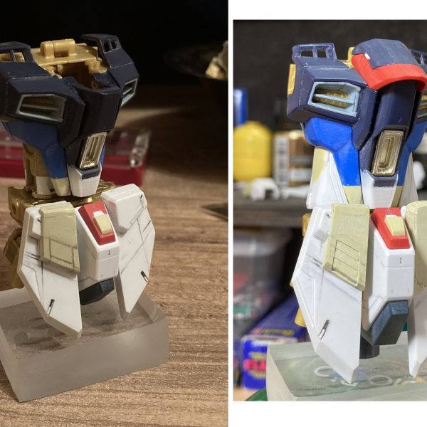 Vor einem Jahr hab ich angefangen diesen gebrauchten Strike Freedom zu renovieren. Im ersten Bild sind schon die Oberschenkel, V-Antenne und Hüfte renoviert. Dann habe ich eine Pause eingelegt. Jetzt habe ich mit der Bemalung begonnen.（2枚目）