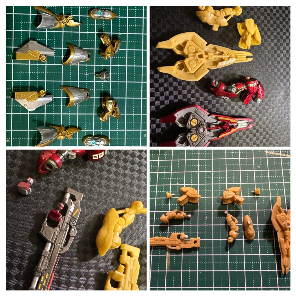 RGを意識して2色のレッドを目指してクリアレッドの前にゴールドとシルバーで塗り分けてみました。腕のポーズをスムーズに変えたり出来るように自作のボールジョイントを肩に仕込んでシールドをマグネット接続に変更。せっかく肩のポーズを変えるようにしたので右の握り拳も用意しました。