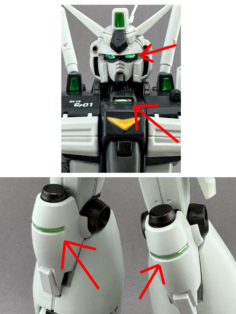 ガンダムの目と胸部と膝のセンサー部はラピーテープというキラキラのテープを貼った上からクリアレジンを流し込んでクリアパーツっぽくしてキラキラ感をアップさせています✨✨✨　
