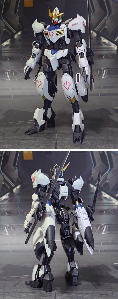 ガンダム・バルバトスアダプトの前後ろ。工作は、ゲート痕再処理、パーティングライン・段ズレ・ヒケの対処、面出し、合わせ目消し、肉抜き穴埋め、穴開け、市販ディティールアップパーツの貼り付け・埋め込み、削り落としによるディティールダウン、可動軸への真鍮線打ち込みを実施。デカールについては雑誌付録のものと、プレミアムバンダイのDX版を使用しました。