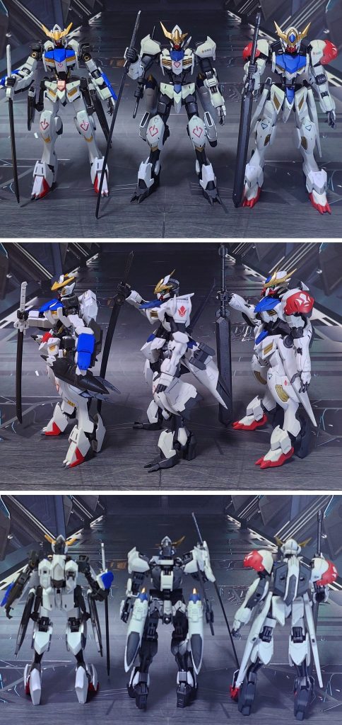 バルバトス第6形態(1期最終回Ver.)、ガンダム・バルバトスルプスとの比較。■塗装レシピ白∶パーツ裏側に黒サフ→パーツ表側にグレーサフ→パープルヘイズ→キャラクターホワイト→光沢→つや消し青：黒サフ→ブルー→光沢→つや消し濃グレー：黒サフ→MSグレー連邦系→光沢→つや消し赤：グレーサフ→MSレッド→光沢→つや消し金：黒サフ→ゴールド→光沢フレーム類グレー：黒サフ→ガンメタル→光沢→つや消し太刀グレー：黒サフ→ガンメタル→光沢ツインアイ：キット付属シールに光沢その他墨入れ・部分塗装：ガンダムマーカー各種