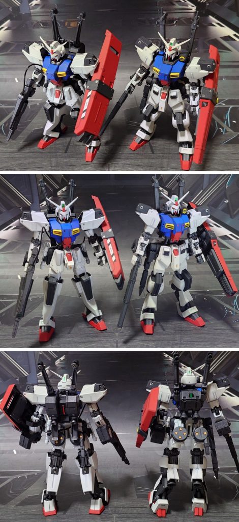 過去作のDガンダムファーストとの比較。■塗装レシピ白：パーツ裏側に黒サフ→パーツ表側にパープルヘイズ→グランプリホワイト→光沢→つや消し青：黒サフ→キャラクターブルー→光沢→つや消し赤：グレーサフ→MSレッド→光沢→つや消し黄：白サフ→イエロー→光沢→つや消し武器類グレー：黒サフ→MSグレー連邦系→光沢→つや消しフレーム部分グレー：黒サフ→ブライトガンメタル→光沢→つや消しサーベルラック、シールドジョイント：黒サフ→光沢→つや消しシールド赤：パーツ裏側に黒サフ→パーツ表側にグレーサフ→MSレッド→光沢→つや消しビームライフル、バズーカグレー：黒サフ→ガンメタル→光沢→つや消しビームサーベル刃エフェクト：先端側にメタリックレッド→根元側にベースホワイト→全体に蛍光ピンク頭部ツインアイ・センサー部：キット付属シールを使用ビームライフルセンサー、バックパックセンサー：市販シール素材を使用その他部分塗装、墨入れ：ガンダムマーカー各種→つや消し