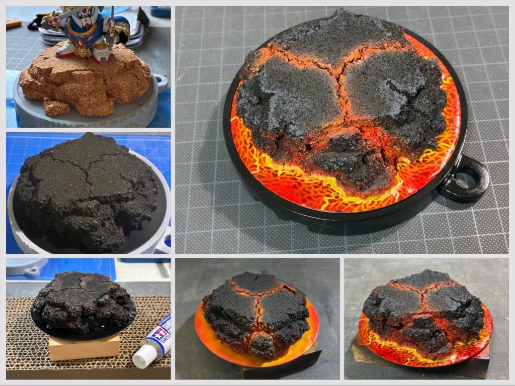 土台単品と制作過程です。コルクを貼り重ね塗装ししました。